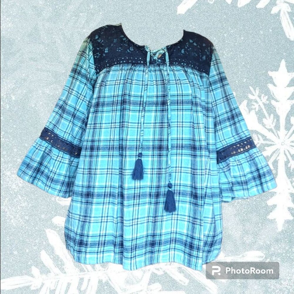 NWT St. John's Bay Blue Plaid Cotton Peasant Top XL Tassels Lace Yoke